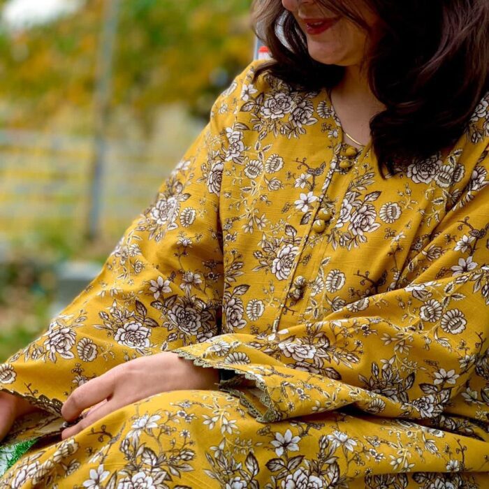 Mustard Floral Khaddar Stitched 2-Piece Suit