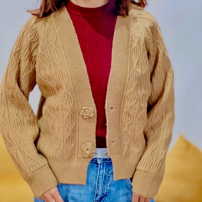 Short Brown Cardigan w Floral Button Design