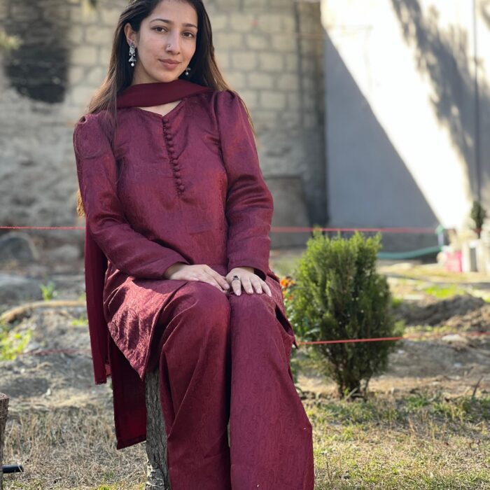 Maroon China Pati Stitched 3-piece Suit